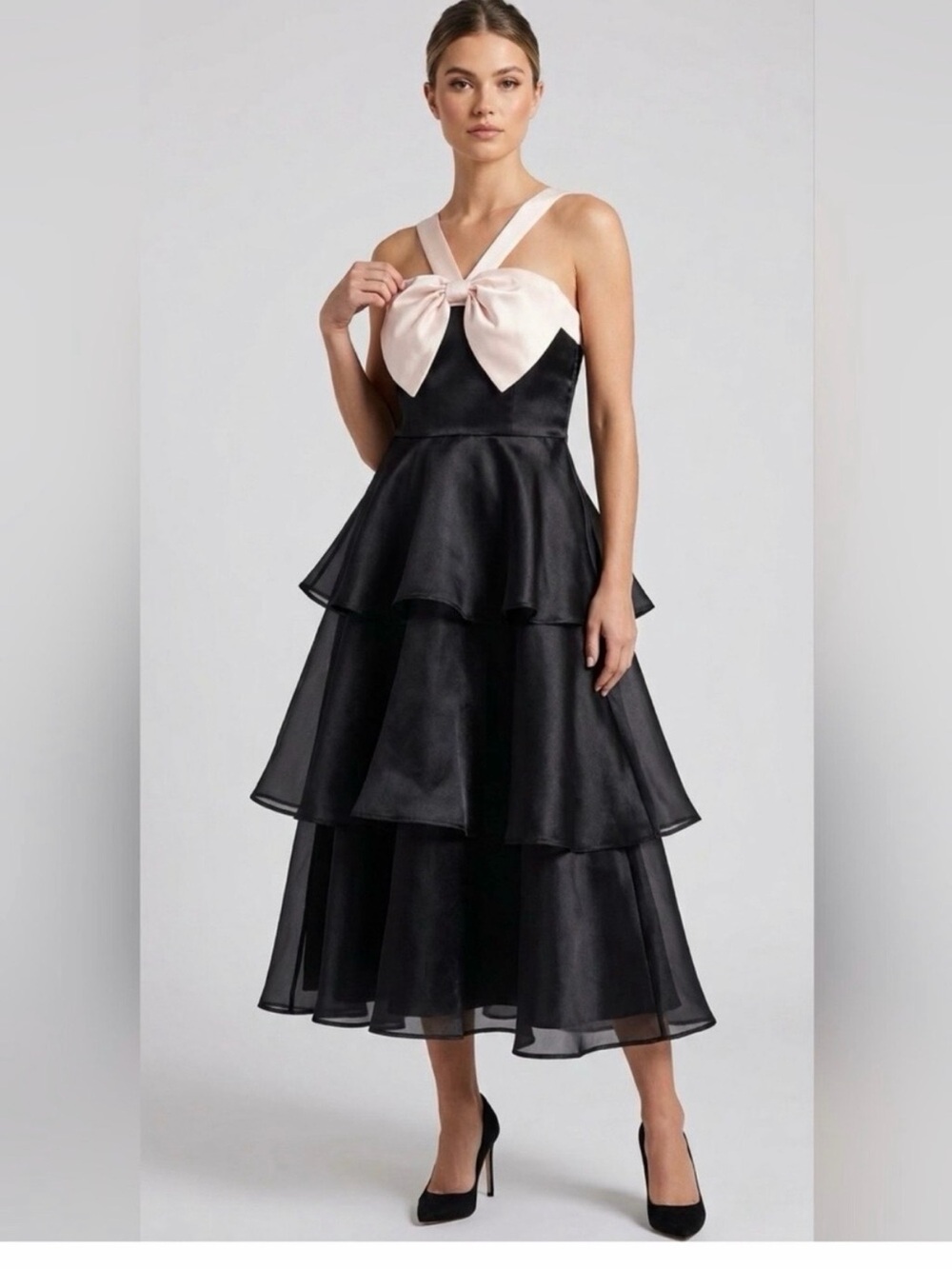 NWT Lulus black cream organza tiered satin bow dress